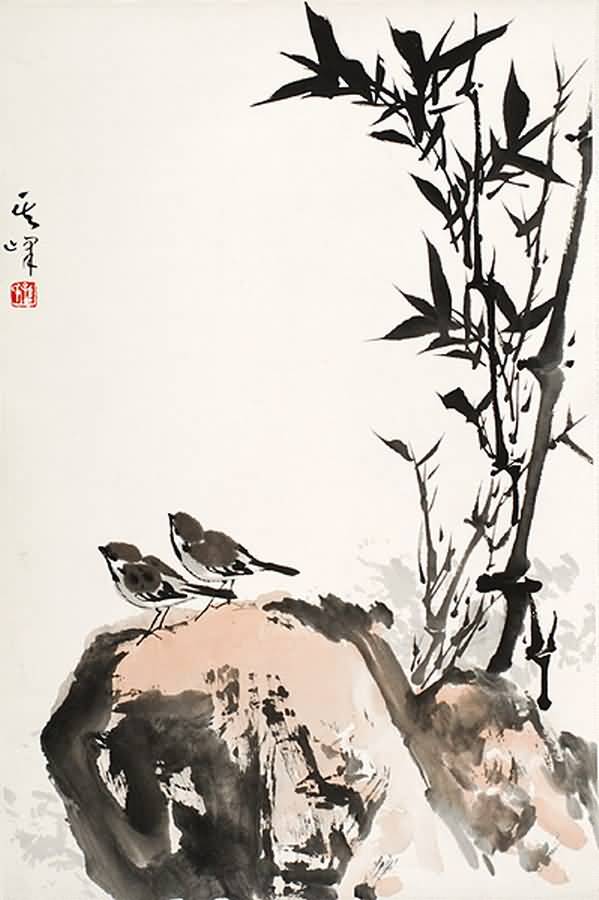 《竹石双雀 》