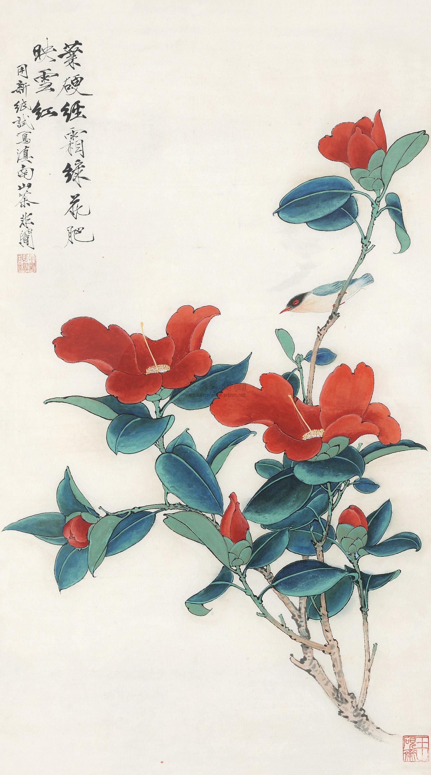《山茶翠鸟》