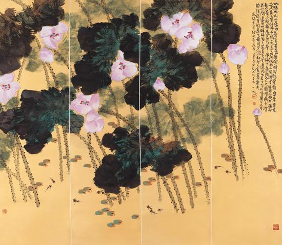 陈天《爱莲说》165x47cmx4
